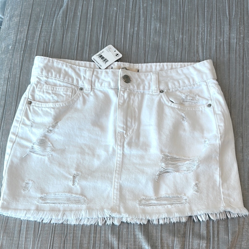 We The Free Distressed White Denim Mini Skirt